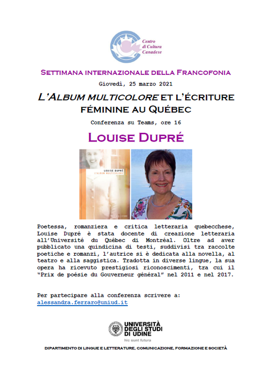 Confernza di Louise Dupré: "L'Album multicolore et l'écriture féminine au Québec" 25 marzo 2021