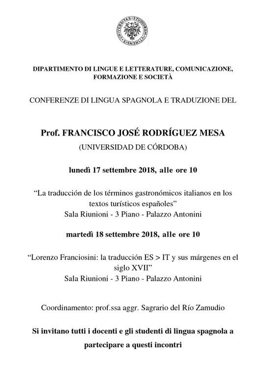 Locandina "La traducción de los términos gastronómicos italianos en los  textos turísticos españoles” Prof. Francisco José Rodriguez Mesa 