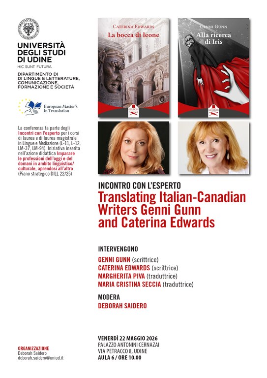 Incontro con l'esperto 22 maggio 2026: "Translating Italian-Canadian Writers Genni Gunn and Caterina Edwards"