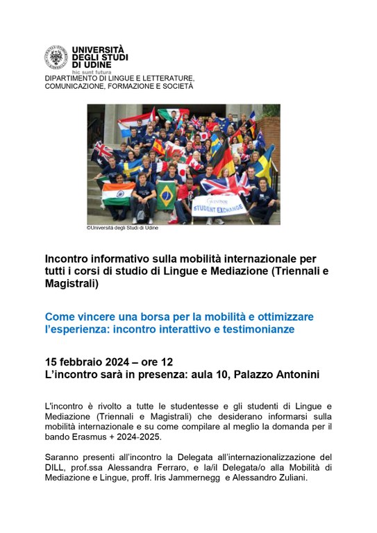 Incontro informativo sulla mobilità internazionale per tutti i corsi di studio di Lingue e Mediazione (Triennali e Magistrali)