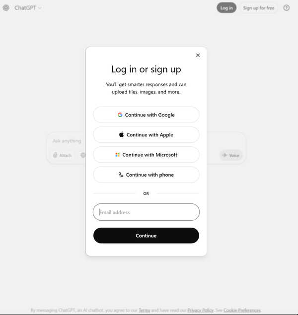 Box di autenticazione per il primo accesso a ChatGPT