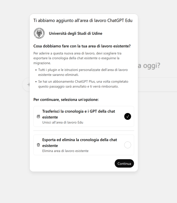 Immagine di richiesta dati account precedente