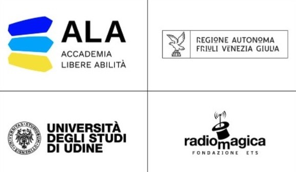 Logo Regione Friuli Venezia Giulia, logo ALA, logo Università degli Studi di Udine e logo Radio Magica Logo Regione Friuli Venezia Giulia, logo ALA, logo Università degli Studi di Udine e logo Radio Magica